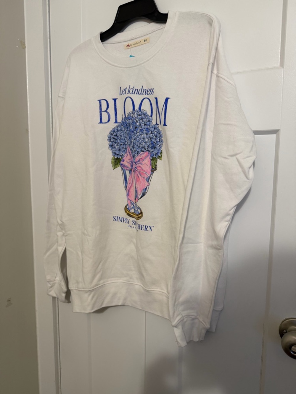 Simply Southern White Sweatshirt with Blue Hydrangea and Pink Bow